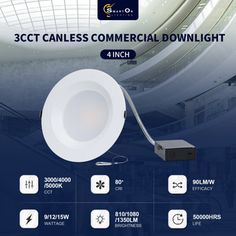 an advertisement for a commercial downlight with information about the different types and colors on it