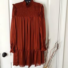 Nice New Lined Dress For Many Occasions Pleated Brown Dress For Date Night, Brown Pleated Dress For Date Night, Fall Lined Knee-length Mini Dress, Fall Knee-length Lined Mini Dress, Fall Midi Dress Lined, Yellow Sequin Dress, Rust Color Dress, Mock Neck Sweater Dress, Mixed Print Dress