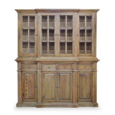 an old wooden china cabinet with glass doors and drawers on the front, isolated against a white background