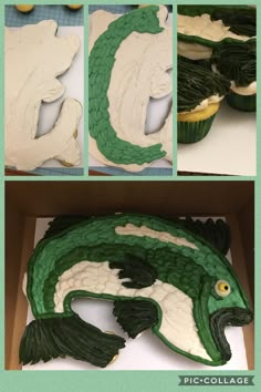 the cupcakes are made to look like an alligator's head and tail