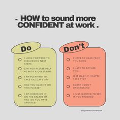 two tags with the words, how to sound more confident at work and don't