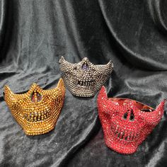 Rhinestone Half Skull Mask Gold Red Silver Masquerade Halloween Music Festival Concert - Etsy Mascarade Halloween, Half Skull Mask, James Quaintance, Gay Halloween Costumes, Steampunk Gas Mask, Photoshoot Diy, Half Skull, Halloween Music, Festival Concert