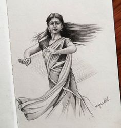 a pencil drawing of a woman with long hair in a sari dress holding her arms out