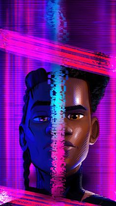 an animated image of a man's face in front of a colorful background with lines