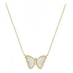 Gold Plated Crystal Lab-Created Opal Charm measures approximately 9/10" x 1/2" Adjustable slider chain up to 18" Adjustable Butterfly Pendant Necklace, Butterfly Necklace, White Opal, Sliders, 9 And 10, Opal, Gold Necklace, Gold Plate, Plating