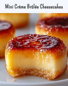 mini creme brulee cheesecakes on a white plate with text overlay