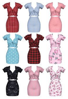 six different types of dresses with bows on the shoulders and neck, all in different colors