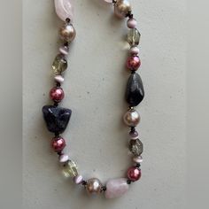 Anthropologie Beaded Necklace New Unworn Variety Of Beads: Semi-Precious Polished Stones Pearls Crystals Cut Polished Glass Shades Of Purple Lilac Mauve Pink Suede Tie Ribbon In Merlot Approx 24” Excluding Ties Gorgeous Necklace With The Prettiest Shades Of Purple And Pink Long Pink Beaded Necklace With Faceted Beads, Pink Pearl Beaded Necklaces With Gemstone Beads, Pink Pearl Beads For Jewelry Making, Pink Pearl Necklaces With Polished Beads, Pink Pearl Necklace With Gemstone Beads, Pink Pearl Necklace With Polished Beads, Elegant Pink Beaded Necklace With Gemstone Beads, Elegant Pink Gemstone Beaded Necklaces, Elegant Pink Beaded Crystal Necklaces