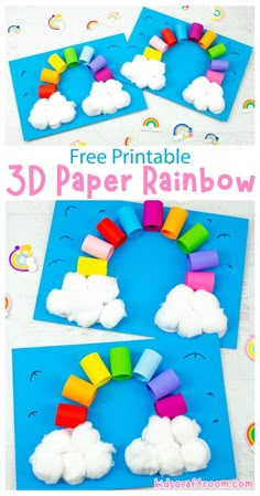 the paper rainbow is cut out and placed on top of blue paper with white clouds