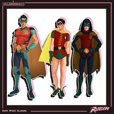 three superheros are standing next to each other in their respective outfits and capes