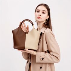 Free U.S. shipping. Style:  , color:Brown, suite for season：Spring, Summer, Autumn ，, Material Genuine Leather, Brown&Beige Leather Top Handle Totes Crossbody Handbags With Inner Pouch