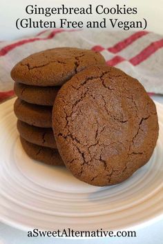 chocolate gingerbread cookies gluten free and vegan on a white plate with text overlay