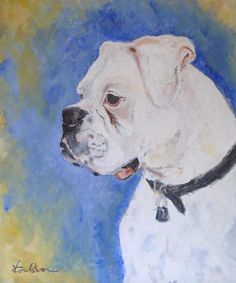 a painting of a white dog on a blue and yellow background