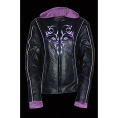 Milwaukee Leather ML2067 Women's 3/4 Black and Purple Leather Hoodie Jacket with Reflective Tribal Design Outside Features Made of Butter Soft Naked Cowhide 1.0mm Thick Leather Front Zipper Closure Embroidered Chest Tribal Design with Colored Contrast Stitching Full Chest, Arm and Shoulder Blacked Out Highly Reflective Piping Ventilation System: 2 Chest Vents, 2 Shoulder Vents and 2 Back Vents All with Zipper Closure Side/Hip Expandable Material Panel for Comfort Movement Lower Back Extension Zi Leather Hoodie Jacket, Purple Leather Jacket, Leather Hoodie, Black And Purple, Medium Purple, Purple Leather, Leather Motorcycle Jacket, Warm Jacket, Women's Coats & Jackets