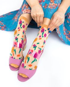 Sock Candy sheer floral socks see through socks Sock Candy, Sandals Socks, Sock Fashion, Bold Heels, Summer Socks, Socks Style, Floral Socks, Heeled Mule, Sheer Socks