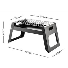 a charcoal grill with measurements for the top and bottom section, including an adjustable shelf