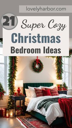 21 Super Cozy Christmas Bedroom Aesthetic Ideas Christmas Plaid Bedroom, Emerald Green Christmas Decor Bedroom, Light On Headboard, Navy Blue Christmas Bedroom, Cabin Christmas Bedroom, Holiday Bedroom Christmas Bedding, Christmas Decor Master Bed, Hallmark Christmas Bedroom, Guest Bedroom Christmas Decorating Ideas