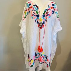 Nwt Embroidered Neon Floral Pattern Oversized Fit Vacation Multicolor Embroidered Top With Hem Detail, Multicolor Embroidered V-neck Top For Vacation, White Embroidered Top For Beach With Geometric Design, Multicolor Embroidered Top With Hem For Vacation, White Embroidered Top With Geometric Patterns For Beach, White Embroidered Top For Vacation, White V-neck Embroidered Top For Beach, White Chikankari Embroidered Top For Beach, Vacation V-neck Embroidered Top With Multicolor Embroidery