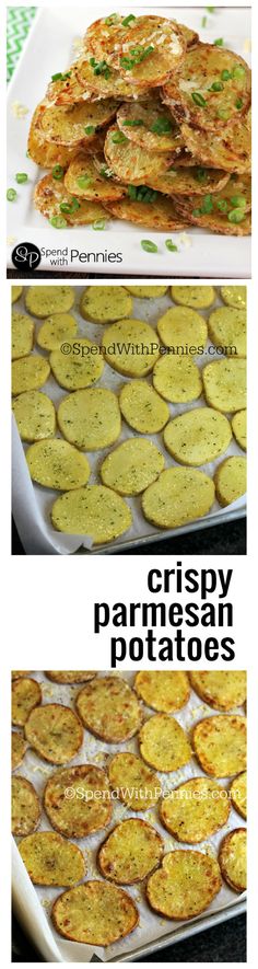 some food that is sitting on top of a plate and in front of the words crispy parmesan potatoes