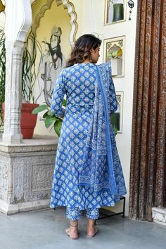 Grab this beautiful 3-piece set. The set comes with block print kurta has v neck, 3/4th sleeves & calf length teamed with printed trouser pant and a printed chanderi cotton dupatta to match. Color - Blue Kurta Fabric-Viscose Pant Fabric-Viscose Dupatta Fabric- Chanderi Cotton Neck-V Neck Sleeves-3/4th Sleeves Work - Block Print Detailing Washing Instructions-Dry Clean Model Height - 5.5 wearing size small. DISCLAIMER - The color of the product may be differ due to screen settings of device. A mi Block Print Kurti Designs, A Line Suit, Printed Kurti Designs, Pink Anarkali, A Line Kurta, Kurti Collection, Cotton Dupatta, Kurti Designs Party Wear, Printed Kurti