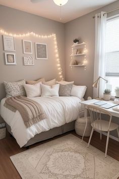 #girlsroom #bedroomideas #dormdecor #bohobedroom #bohochic #homedecortips Room Decor Ideas, Bedroom Ideas, Decor Ideas, Room Decor, Desk, Bedroom, Lighting, Bed