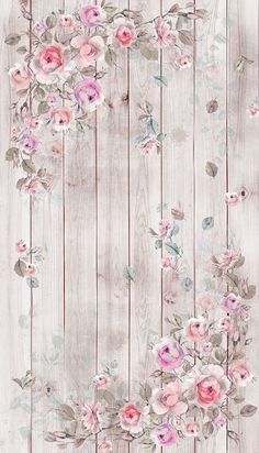 pink roses and green leaves are painted on white wood planks, with faded paint