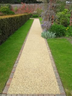 a pathway in the middle of a garden lined with shrubs and flowers on either side