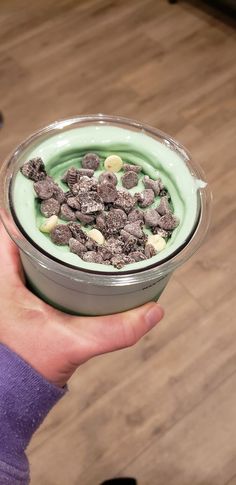 a person holding up a bowl of food with chocolate chips and green cream in it