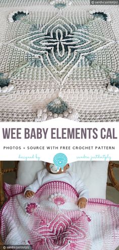 a baby laying on top of a bed next to a pink and white blanket with the words, wee baby elements cal