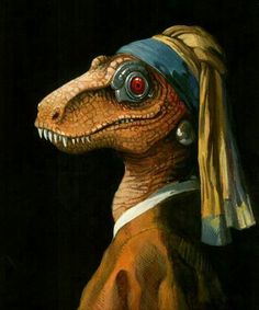 an image of a tweet with a dinosaur wearing a pearl earring on it's head