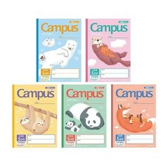 four books with animals on them and the words campus written in english, spanish, and chinese