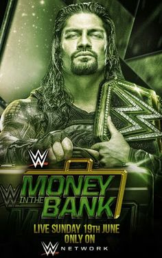 the wwe wrestler is holding his money bank in front of an empty sign that says,'money bank live sunday 10th june diy on network '