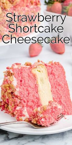 strawberry shortcake cheesecake on a plate with a fork