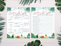 two wedding games with tropical leaves and flowers