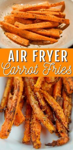 air fryer carrot fries on a white plate with text overlay that reads, air fryer carrot fries