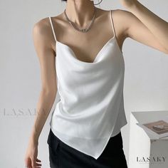 Lasaky - Vintage V-neck Satin Camisole with Asymmetric Pleats, Designed for Layering or Standalone Wear Chiffon Tops Blouses, Satin Camisole, Ribbed Shirt, Lace Lingerie Set, Round Neck Sweatshirts, Chiffon Long Sleeve, Vest Fashion, Cotton Tank Top, Sleeveless Vest