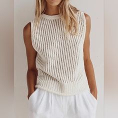 Bornladies. White Top Knitted. Sleeveless. New, No Tags. Size Xs -S. A. Hollow Out Sweater, Summer Knitwear, Vests Women, 90s Summer, Y2k Tank, Casual Knitwear, Sweater Vests, Sweater Vest Women, Sleeveless Pullover