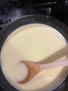 a wooden spoon in a pan on top of a stove