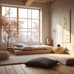 a room with large windows and wooden flooring in the center, there is a tatami mat on the floor