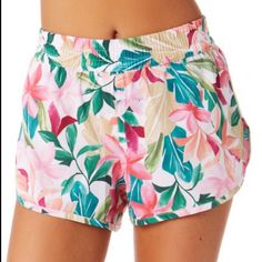 Perfect Cover Up Shorts. Super Cute Floral Print. Elastic Waistband Pink Tropical Style Shorts For Poolside, Pink Floral Print Shorts For Beach Season, Pink Floral Print Beachwear Shorts, Pink Bottoms For Poolside Spring, Pink Tropical Shorts For Spring, Pink Poolside Shorts For Spring, Pink Stretch Tropical Bottoms, Pink Tropical Bottoms For Spring, Tropical Pink Bottoms For Spring