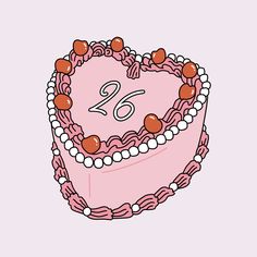 a pink heart shaped cake with the number twenty eight on it's side and beads around the edges