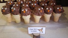 ice cream cones with chocolate frosting and googly eyes are arranged in an owl theme