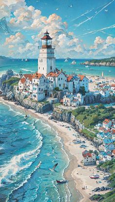 a painting of a lighthouse on top of a hill next to the ocean and beach