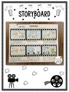 the storyboard with film reels and filmstripe on it is shown in front of