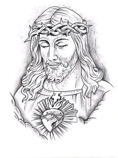 a black and white drawing of jesus holding the cross