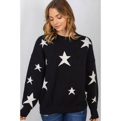 Black With White Stars -So Cozy And Warm Total Body Length: 26", Chest: 40 " Approx. - Measured From Small Model Is Wearing Size Small Casual Black Star Print Sweater, Black Casual Sweater With Star Print, Casual Black Sweater With Star Print, Trendy Black Sweater With Star Print, Black Star Print Top For Winter, Stars Sweater, Black Stars, Star Sweater, Bubble Sleeve