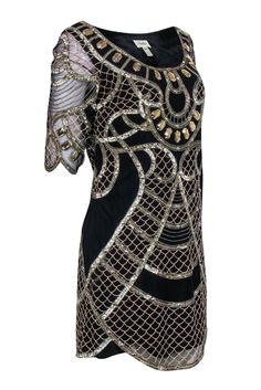 Show off your fabulous flapper fashion in this glamorous dress that marries roaring 20's charm with modern elegance from Temperley London. The dress features a deep scoop neckline, scalloped hem and sleeves, and a tantalizing blend of gold and black beading that dances over sheer fabric lined for your comfort. Paired with a statement headband and T-strap heels, you'll be the belle of any jazz-age-inspired soirée. Size 6 Shell 100% Nylon Lining 100% Silk Gold & silver embellishment Scalloped hem Gatsby Style Fitted Sequin Cocktail Dress, Fitted Flapper Style Sequin Evening Dress, Fitted Gatsby Style Sequin Cocktail Dress, Fitted Gatsby Sequin Cocktail Dress, Fitted Embellished Gatsby Sequin Dress, Fitted Gatsby Style Embellished Sequin Dress, Gatsby Style Fitted Sequin Dress For Party Season, Fitted Gatsby Sequin Dress For Party Season, Embellished Flapper Evening Dresses