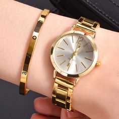 2pcs Set Watch Luxury Women Simple Dial Hollow Strap Fashion Gold Bracelet Quartz Wristwatch Student Clock Gift, Ladies Watches, Watch Bracelet, Rose Gold Bracelet, Bracelet Clasps, Women's Watch, Ladies Fashion, Luxury Women, Quartz Watch