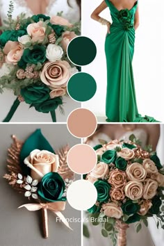 the bride's bouquet is made up of roses and greenery