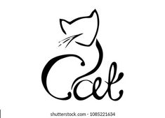 the word cat is written in black ink with a cat's head and tail